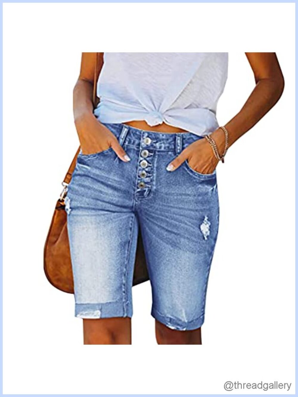 Women's High Waisted Ripped Bermudas Cotton Slim Fit Denim Shorts